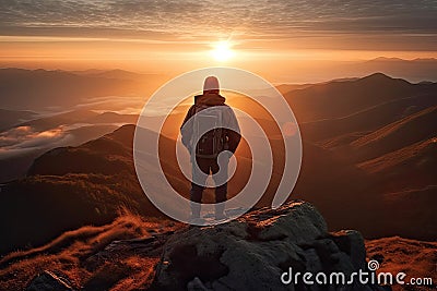 Fictional Hiker stands at the summit of a mountain. sunset in the mountains. Generative AI Stock Photo
