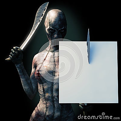 Fictional horrifying female character in costume with machetes. Room for text or copy space Halloween advertisement or events. Stock Photo