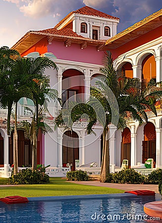 Fictional Mansion in Carlos Manuel de Cespedes, Camagüey, Cuba. Stock Photo