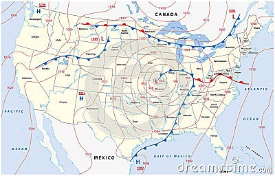 Fictional map of North America with isobars and weather fronts. Meteorological forecast Vector Illustration