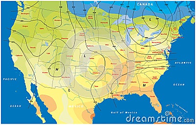 Fictional map of the usa temperature barometric pressure wind speed wind direction Vector Illustration