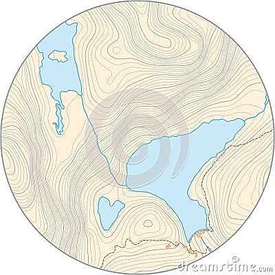 Fictional round topographic vector map with elevation lines and yellow background Vector Illustration