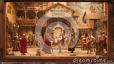 Fictional scene of William Shakespeare for 500th anniversary represent his plays and the Elizabethan theater. Diorama. Stock Photo