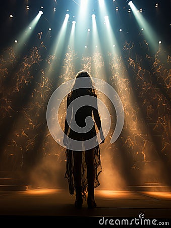 Fictional woman artist in dress on big stage of luxury concert hall AI Stock Photo