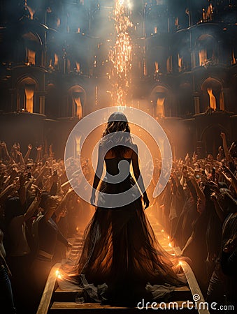 Fictional woman artist in dress on big stage of luxury concert hall AI Stock Photo