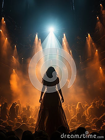 Fictional woman artist in dress on big stage of luxury concert hall AI Stock Photo