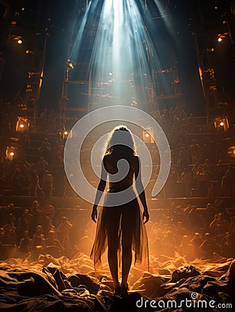 Fictional woman artist in dress on big stage of luxury concert hall AI Stock Photo