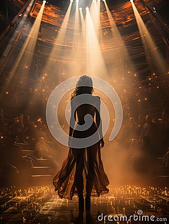 Fictional woman artist in dress on big stage of luxury concert hall AI Stock Photo