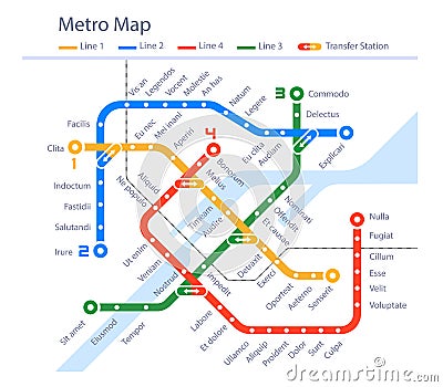 Fictional subway map urban metro color design Vector Illustration