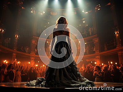 Fictional woman artist in dress on big stage of luxury concert hall AI Stock Photo