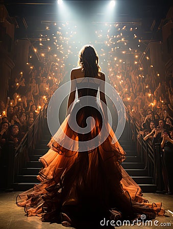 Fictional woman artist on stage of luxury concert hall AI Stock Photo