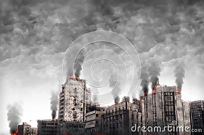 Fictitious city. Apocalyptic cityscape. Digital illustration Cartoon Illustration