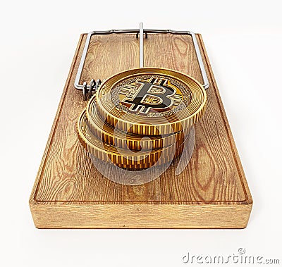 Fictitious crypto coin standing on mouse trap. 3D illustration Cartoon Illustration