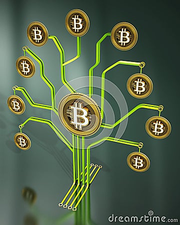 Fictitious crypto coins hanging on PCB tree branchs. 3D illustration Cartoon Illustration