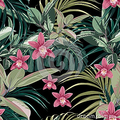 Ficus, palm leaves and pink orchid flowers seamless pattern, tropical foliage, branch, greenery Vector Illustration