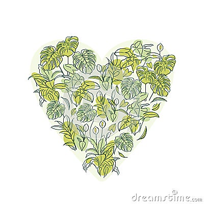 Heart made of exotic plants. Tropical jungle, untouched forest. Home floriculture, house plants, hobby. Nature lovers Vector Illustration