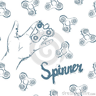 Fidget spinner hand drawing illustration and lettering calligraphy seamless pattern Vector Illustration