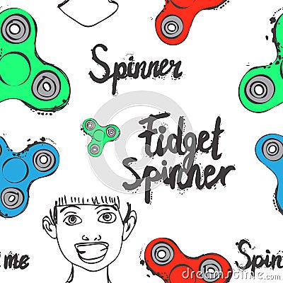 Fidget spinner hand drawing illustration and lettering calligraphy seamless pattern Vector Illustration