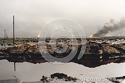 Field of burning oil wells, Persian Gulf War, Kuwait Stock Photo