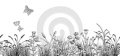 Field butterflys over flowers and grass landscape, black and white Vector Illustration