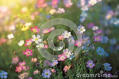 Field of colorful blooming cosmos flower in spring on morning Created with Generative AI technology Stock Photo