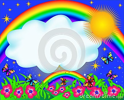 Field with colour butterfly and rainbow Vector Illustration