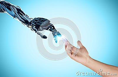 ROBO AND HUMAN HAND artificial intelligence Stock Photo