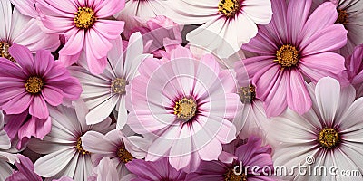 Field of Cosmos bipinnatus flowers seen from above, pink, white, intense purple Stock Photo