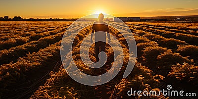 A field cut by rows of harvest, as if covered with a golden carpet after the labor season, reflec Stock Photo