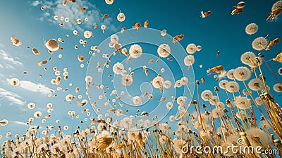 Field of dandelions under a clear blue sky. seeds blowing in the wind. ephemeral, delicate nature scene. perfect for Stock Photo