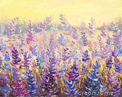 Field of delicate flowers Lavender. Blue-purple flowers in summer painting artwork. Stock Photo