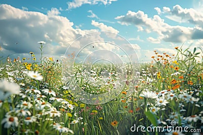 A field filled with a variety of wildflowers under a cloudy blue sky, A peaceful meadow filled with wildflowers and the sound of Stock Photo