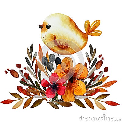 Field flower print with bird Cartoon Illustration