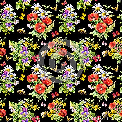 Field flowers, grass, butterflies, bees. Repeating floral pattern on black background. Watercolour Stock Photo