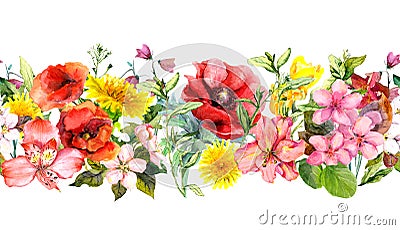 Field flowers, summer grasses and leaves. Repeating horizontal border. Watercolor Stock Photo