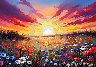 Field Flowers Sun Setting Background Cover Color Philosophical S Stock Photo