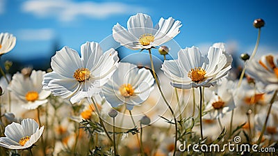 Field full of white daisies with the sun shini. Generative AI. Stock Photo