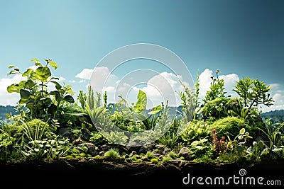 A field full of white flowers and grass under a blue sky Stock Photo