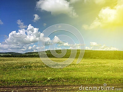 Field of green grass, blue sky and warm yellow rays of the sun Stock Photo