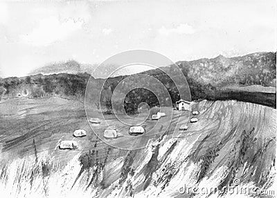 Field with haystacks. Nature background. Grey, black and white monochrome colors. Meadow Watercolor Painting. Peaceful Village. Cartoon Illustration