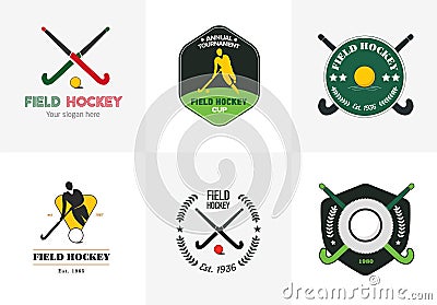 Field hockey logo set. Vector sport badges with man silhouette, stick and ball. Vector Illustration