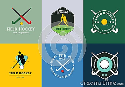 Field hockey logo set. Vector sport badges with man silhouette, stick and hockey ball Vector Illustration
