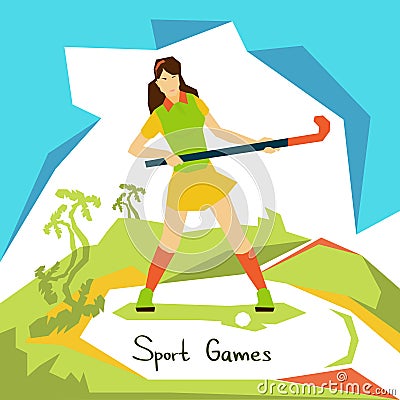 Field Hockey Player Woman Athlete Sport Competition Vector Illustration