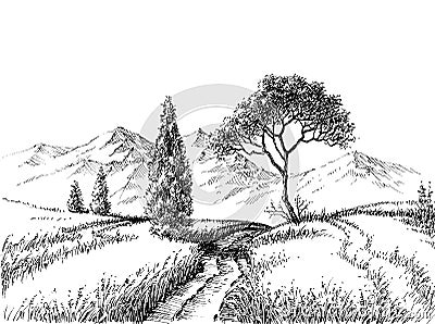 Field landscape pencil drawing Vector Illustration