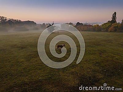 Field with mills and horse pasture. Ukrainian village. authentic rural atmosphere Stock Photo