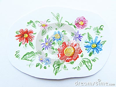 Field multicolored flowers drawn by color pencils freehand clipping on a white paper background Stock Photo