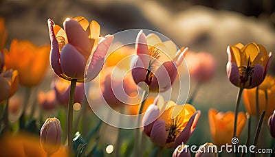 a field of pink and yellow tulips in the sun with a bee on the center of the flower and a blurry bac Stock Photo