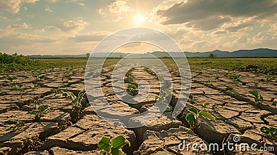 a field with plants in the middle of it and the sun rising through the clouds Cartoon Illustration