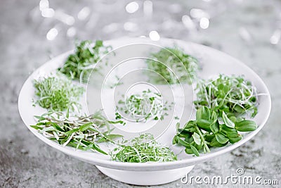 Field raw food meal on a white plate Stock Photo