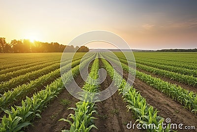 Field with rows of young corn. Morning rural landscape Stock Photo